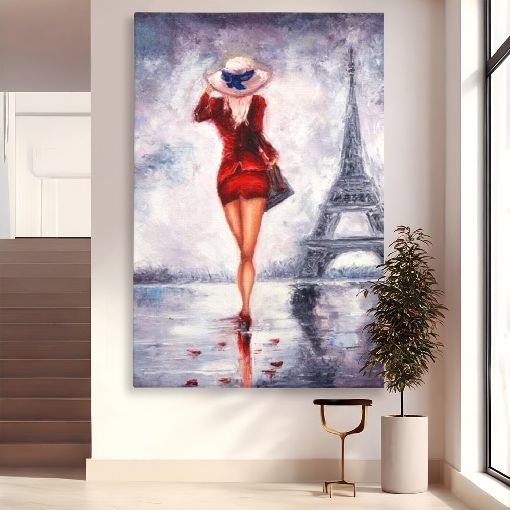 Tablou canvas cu pictura cu femeie in rochie rosie, fara rama, pe sasiu de lemn